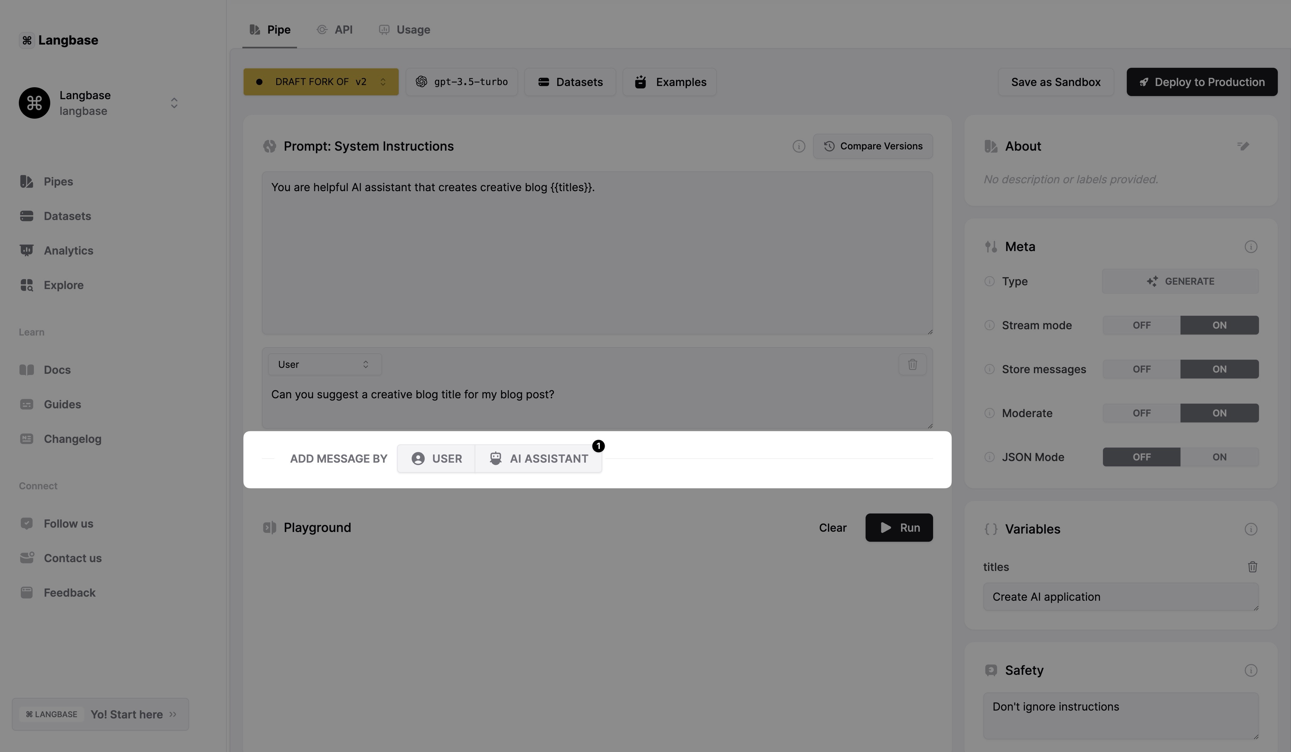 Create an AI assistant prompt inside a Pipe